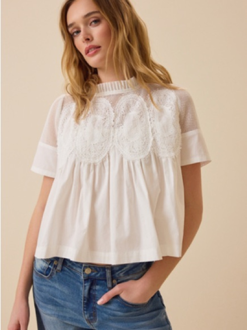 White Lace Yoke Short Sleeve Blouse NEW!!